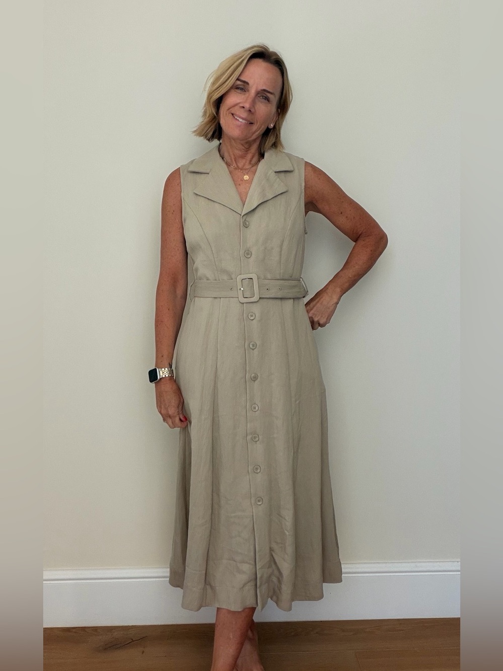 Target Sleeveless Button-Front Linen Blend Midi Dress in Beige-Tan